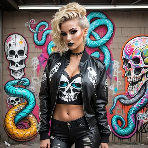 Prompt: microbraided updo blonde revealing abnormally full large cleavage thigh high boots cyber punk 2 piece leather graffit art printed spray bomb backround- sedusa adornment candy skull medusa snake hair graffiti cartoon leather graffiti bomber jacket