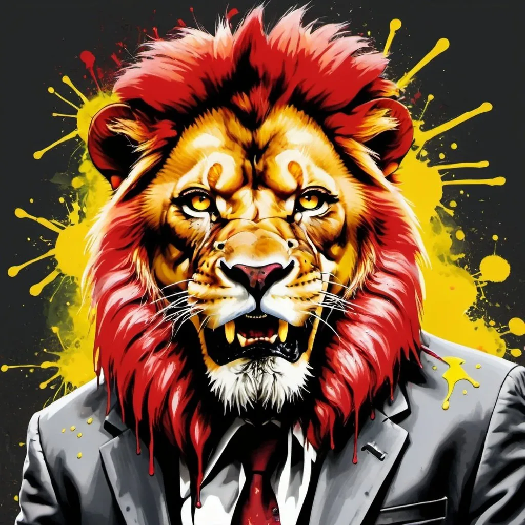 Prompt: A gangster lion graffiti charachter with yellow eyes  and splatter paint red 