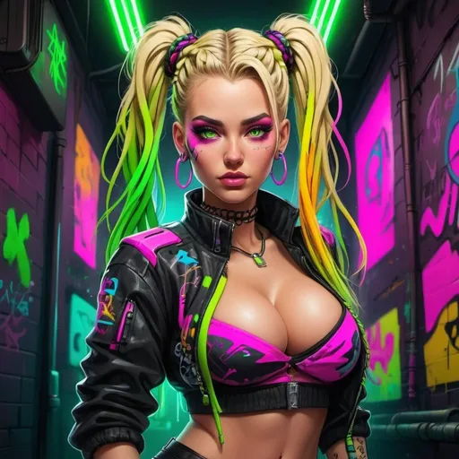 Prompt: Cartoon Graffiti cyberpunk characture with green eyes blonde revelealing extra large cleavage wearing a matching 2 piece outfit with rainbow neon microbraided hair grafitti neon pink neon yellow black neon rainbow