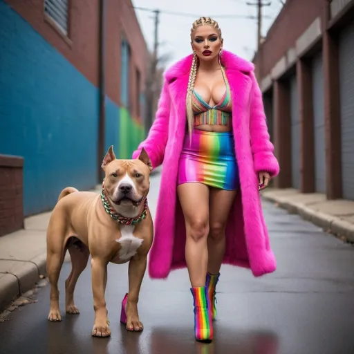 Prompt: Blonde neon rainbow microbraided hair revealing extra large cleavage full lips shiney loud makeup matching shoes fur coat and walking with her pitbull