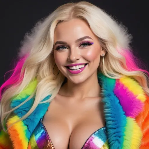 Prompt: Blonde neon rainbow long hair revealing extra large cleavage full lips shiney loud makeup fur coat and smiling