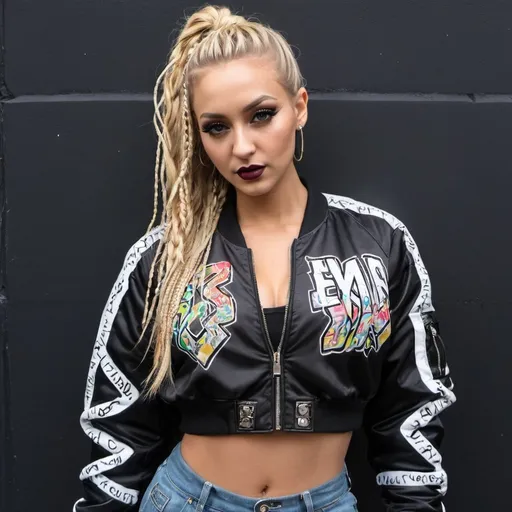 Prompt: Blonde microbraided hair revealing cleavage wearing a graffitti printed crop top  and sedusa bomber jacket i front of a black wall backround - sedusa adornment