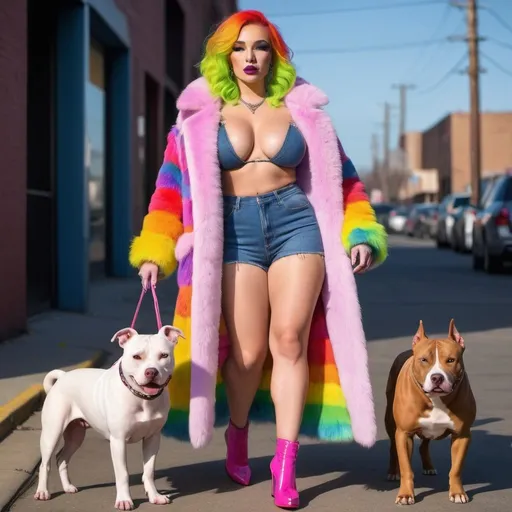 Prompt: Blonde neon rainbow hair revealing extra large cleavage full lips shiney loud makeup matching shoes fur coat and walking with her pitbull