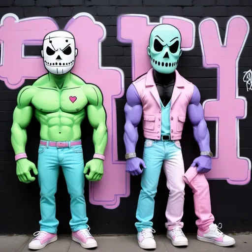 Prompt: Pastel purple white and pastel green pastel pink pastel blue pastel yellow graffiti charachters on a black wall backround freddy crugar and jason muscular gangsters pastel colored 