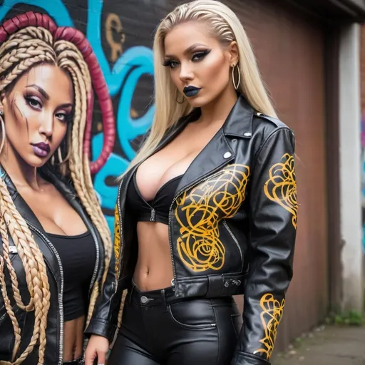 Prompt: Blonde long microbraided hair revealing extra large cleavage wearing medusa graffiti print leather blomber jacket with matching 2 piece outfit