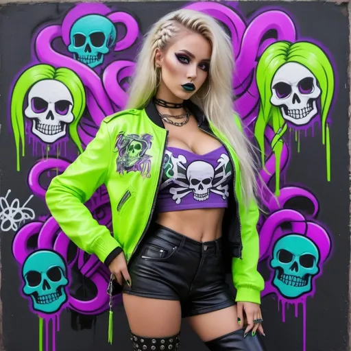 Prompt: microbraided long blonde hair revealing abnormally full large cleavage thigh high boots cyber punk 2 piece purple neon green leather graffit art printed spray bomb backround- sedusa adornment candy skull medusa graffiti cartoon leather graffiti bomber jacket