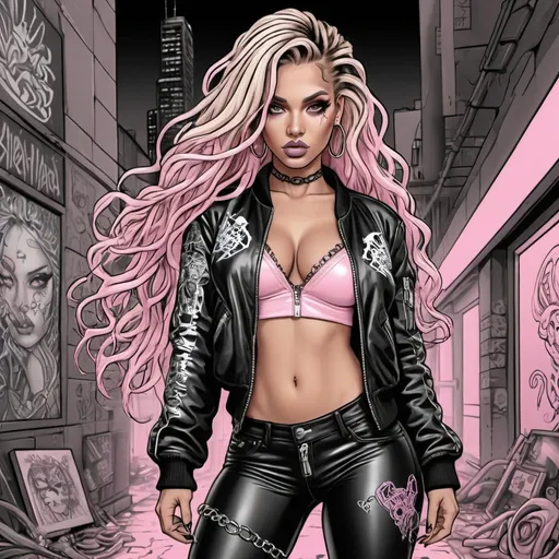 Prompt: Coloring page I'm exotic chrome blondish very long microbraided hair revealing extra large cleavage small waist big rear end and  tattoos and piercings thigh high boots cyber punk light pink black leather lace  graffiti art printed  medusa bomber jacket 