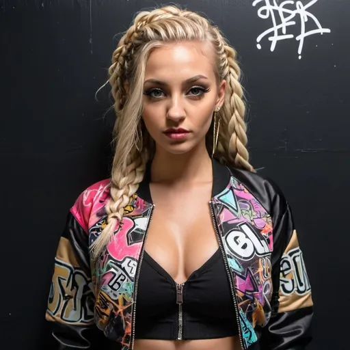 Prompt: Blonde microbraided hair revealing cleavage wearing a graffitti printed crop top  and sedusa bomber jacket i front of a black wall backround - sedusa adornment