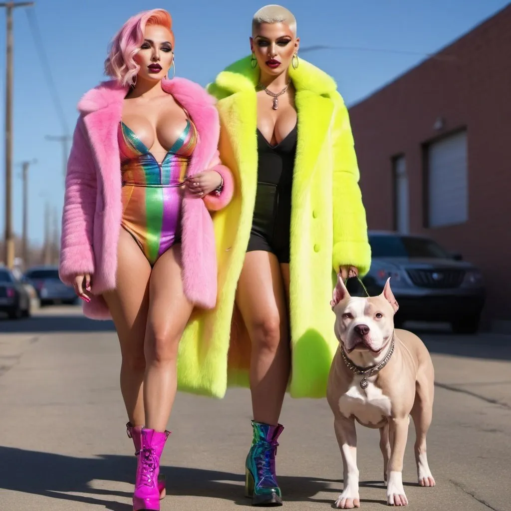 Prompt: Blonde neon rainbow hair revealing extra large cleavage full lips shiney loud makeup matching shoes fur coat and walking with her pitbull