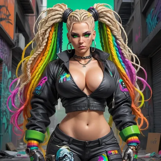 Prompt: Graffiti cyberpunk characture full body with green eyes blonde microbraided rainbow updo revelealing extra large cleavage wearing a matching 2 piece outfit with a gorilla 