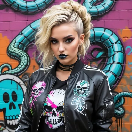 Prompt: microbraided updo blonde revealing abnormally full large cleavage thigh high boots cyber punk 2 piece leather graffit art printed spray bomb backround- sedusa adornment candy skull medusa snake hair graffiti cartoon leather graffiti bomber jacket adidas track suit