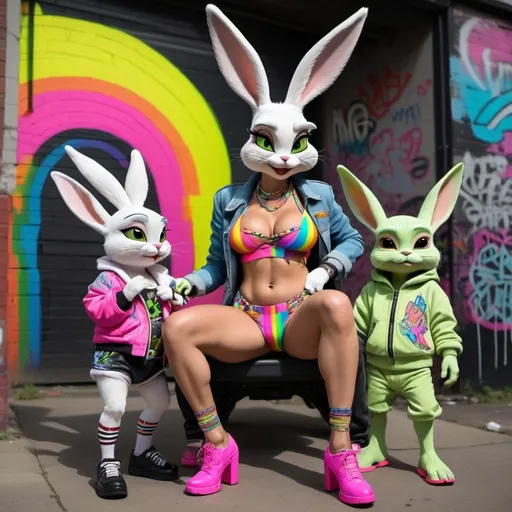 Prompt: Bugs bunny cyberpunk characture full body with green eyes blonde microbraided rainbow updo revelealing extra large cleavage wearing a matching 2 piece outfit matching with 2 graffiti high heels  with rainbow grafitti neon pink yellow black neon rainbow holding a baby yoda also roger rabbit 