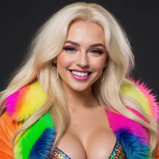 Prompt: Blonde neon rainbow long hair revealing extra large cleavage full lips shiney loud makeup fur coat and smiling