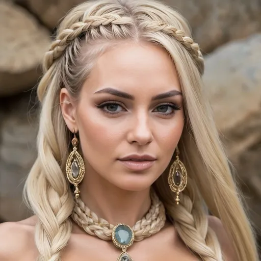 Prompt: Blonde microbraided hair revealing extra large cleavage Made of minerals - sedusa adornment