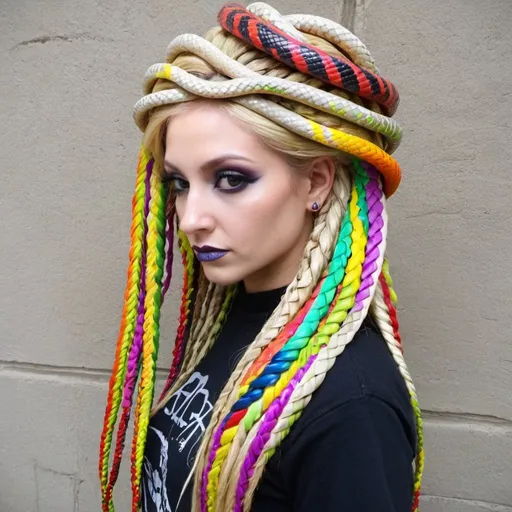 Prompt: Graffiti medusa microbraided blonde long multicolored snake hair graffiti charachter - sedusa adornment