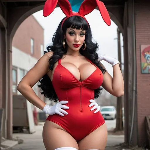 Prompt: Human annie betty boop jessica rabbit hip-hop character female with extra large revealing cleavage  easter bunny holy freyed tight outfit 