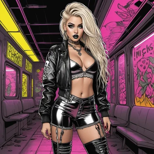 Prompt: Coloring page I'm exotic chrome blondish very long microbraided hair revealing extra large cleavage small waist big rear end and  tattoos and piercings thigh high boots cyber punk neon leather lace graffitti bomber jacket outfit cheerleader  cherries a kiss prints 