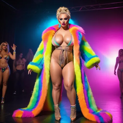 Prompt: Blonde neon rainbow microbraided hair revealing extra large cleavage full lips shiney loud makeup matching shoes fur coat onstage exotic dancer 