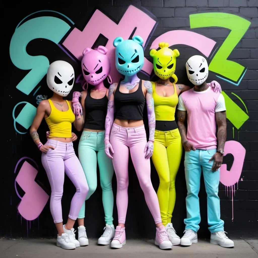 Prompt: Pastel purple white and pastel green pastel pink pastel blue pastel yellow graffiti female art charachters on a black wall backround freddy crugar and jason muscular gangsters pastel colored 