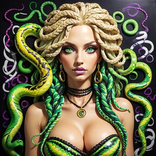 Prompt: Graffiti medusa microbraided blonde long multicolored snake hair charachter green eyes extra large cleavage- sedusa adornment