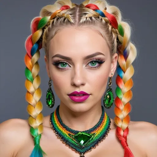 Prompt: Unique twisted hairdo blonde rainbow microbraided designer and matching outfit revealing extra large cleavage and wearing bold designer make up big nateral green eyes and full lips and piercings 