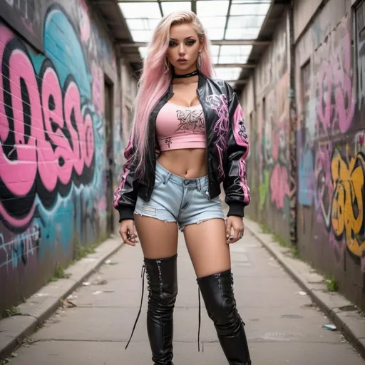 Prompt: I'm exotic chrome blondish very long microbraided hair revealing extra large cleavage small waist big rear end and  tattoos and piercings thigh high boots cyber punk light pink black leathet lace graffitti outfit cheerleader graffiti art medusa and graffiti art printed bomber jacket 