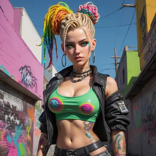 Prompt: Graffiti cyberpunk characture full body with green eyes blonde microbraided rainbow updo revelealing extra large cleavage 2 piece outfit 