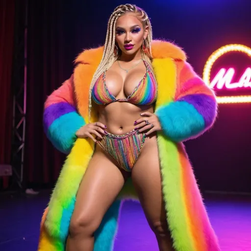 Prompt: Blonde neon rainbow microbraided hair revealing extra large cleavage full lips shiney loud makeup matching shoes fur coat onstage exotic dancer 