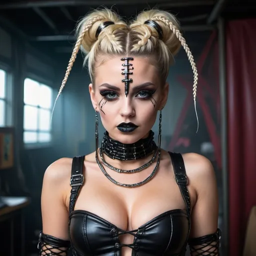 Prompt: microbraided updo blonde revealing abnormally full large cleavage expressive bold viberant make up thigh high boots cyber punk with her friends freddy and jason - sedusa adornment 