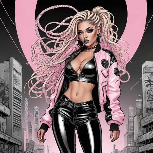 Prompt: Coloring page I'm exotic chrome blondish very long microbraided hair revealing extra large cleavage small waist big rear end and  tattoos and piercings thigh high boots cyber punk light pink black leather lace  graffiti art printed  medusa bomber jacket 