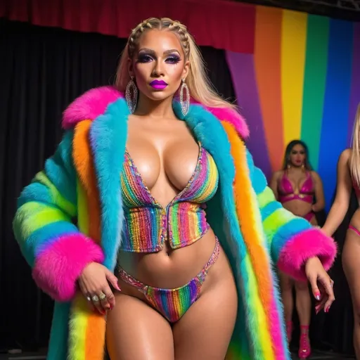 Prompt: Blonde neon rainbow microbraided hair revealing extra large cleavage full lips shiney loud makeup matching shoes fur coat onstage exotic dancer 