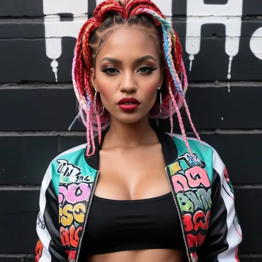 Prompt: Red full lips pastel multicolored microbraided hair revealing cleavage wearing a graffitti printed crop top  and sedusa bomber jacket i front of a black wall backround - sedusa adornment