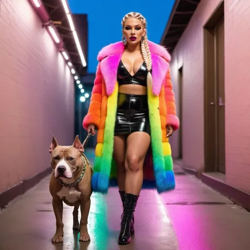 Prompt: Blonde neon rainbow microbraided hair revealing extra large cleavage full lips shiney loud makeup matching shoes fur coat and walking with her pitbull