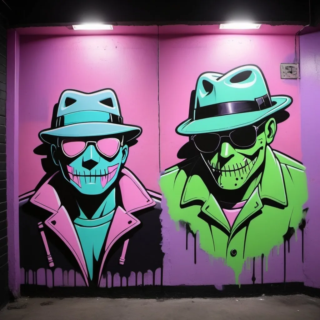 Prompt: Pastel purple white and pastel green pastel pink pastel blue pastel graffiti art  on a black wall backround freddy crugar and jason muscular gangsters pastel colored 