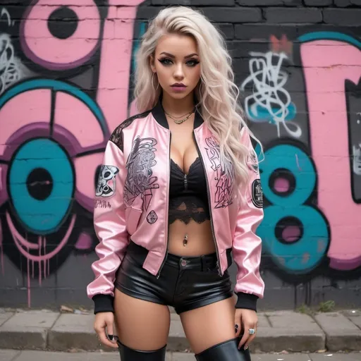 Prompt: I'm exotic chrome blondish very long microbraided hair revealing extra large cleavage small waist big rear end and  tattoos and piercings thigh high boots cyber punk light pink black leathet lace graffitti outfit cheerleader graffiti art medusa and graffiti art printed bomber jacket 