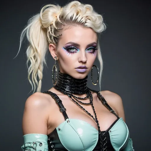 Prompt: microbraided updo blonde revealing abnormally full large cleavage exprwssive pastel make up thigh high boots cyber punk - sedusa adornment 