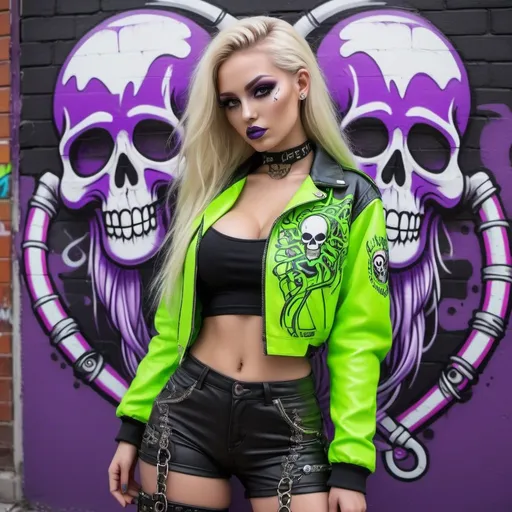 Prompt: microbraided long blonde hair revealing abnormally full large cleavage thigh high boots cyber punk 2 piece purple and neon green graffit art printed leather outfit backround- sedusa adornment candy skull medusa graffiti cartoon leather graffiti bomber jacket