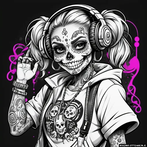 Prompt: Coloring page Cartoon Graffitti character cyber punk gangster happy candy skull hip hop dj charachter pigtail ringlettes