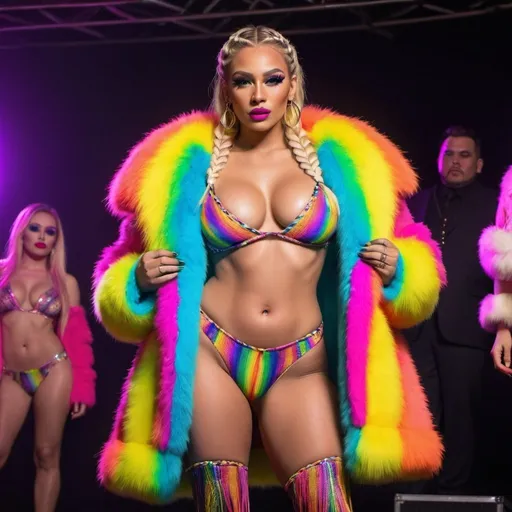 Prompt: Blonde neon rainbow microbraided hair revealing extra large cleavage full lips shiney loud makeup matching shoes fur coat onstage exotic dancer 