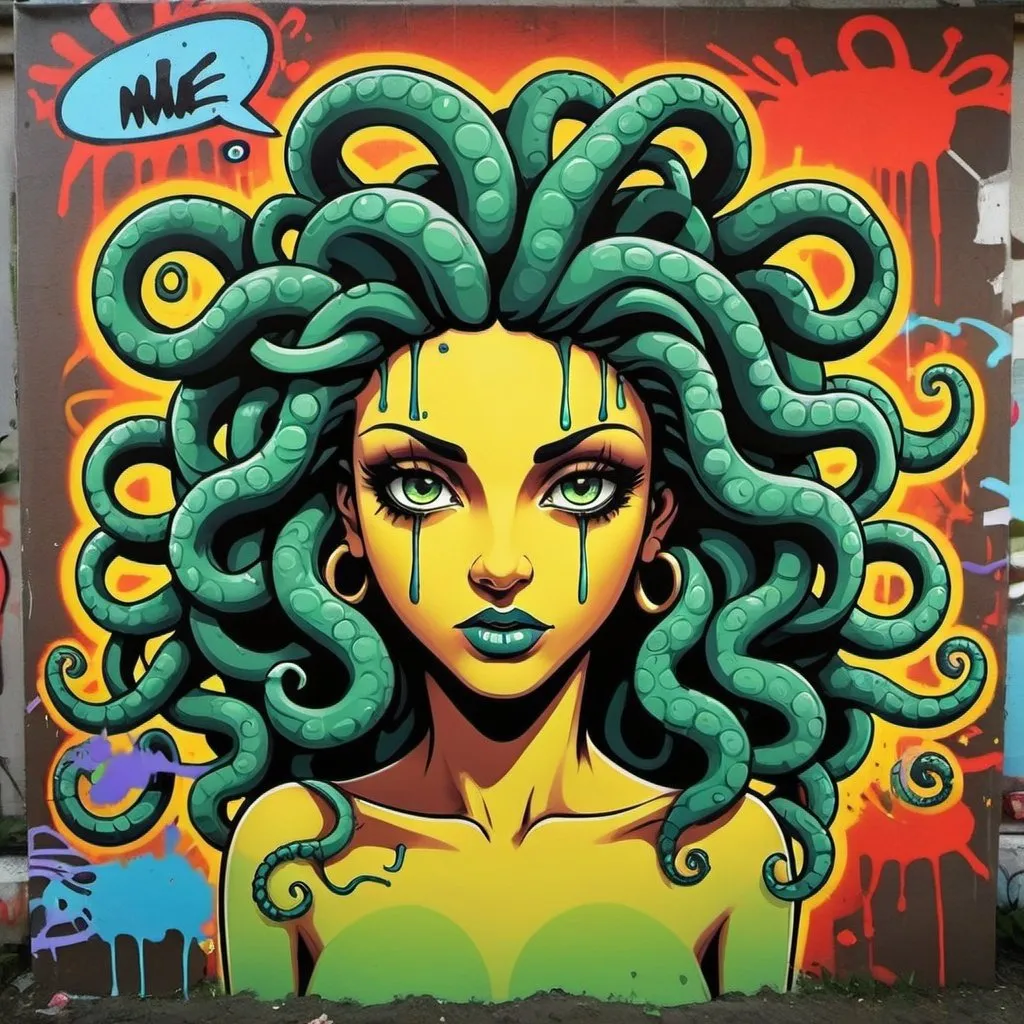 Prompt: graffit art printed backround medusa cartoon print