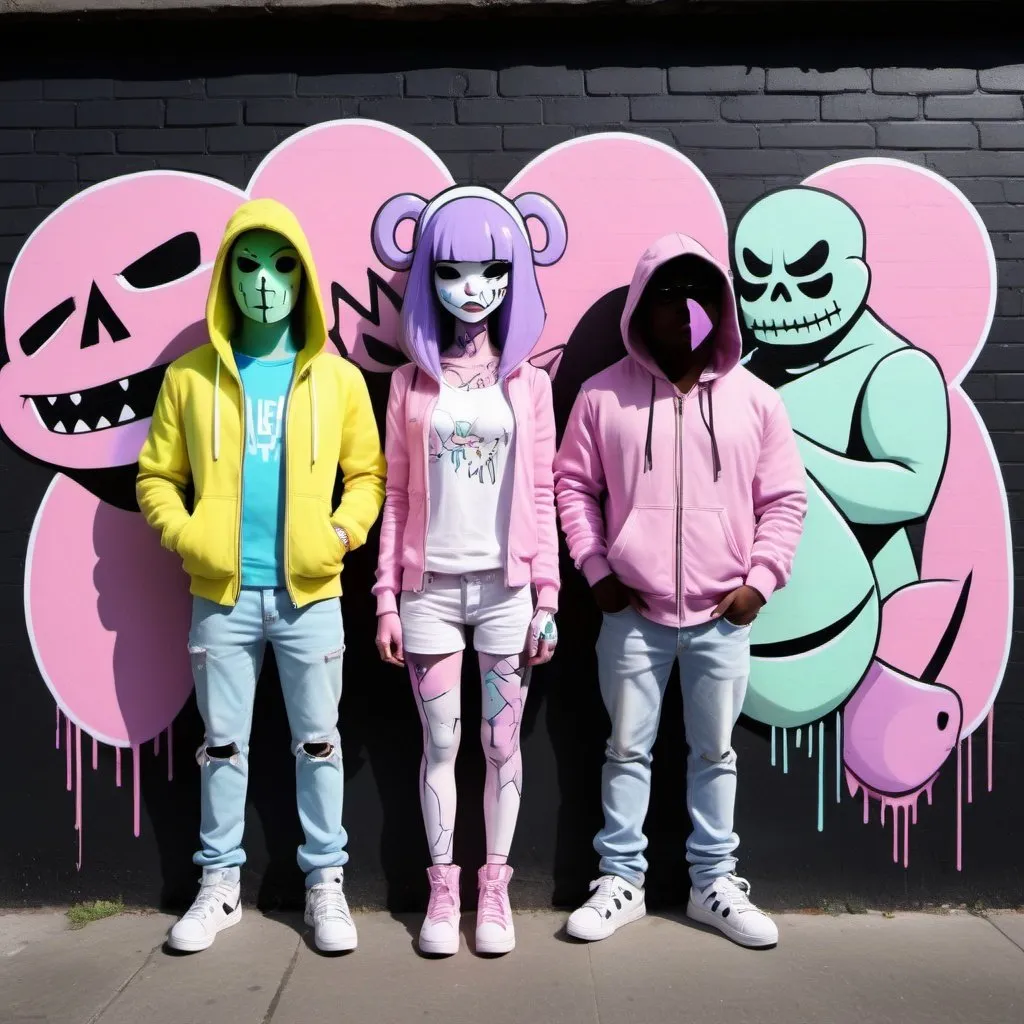 Prompt: Pastel purple white and pastel green pastel pink pastel blue pastel yellow graffiti female graffiti charachters on a black wall backround freddy crugar and jason muscular gangsters pastel colored 