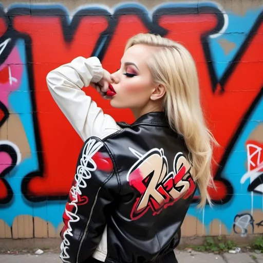 Prompt: Graffiti kiss marks Blonde female microbraided lomg hair revealing extral large cleavage wesring a black leather 2 piece exotic bedroom outfit with red kiss mark art graffiti on bomber jacket graffiti art backround 