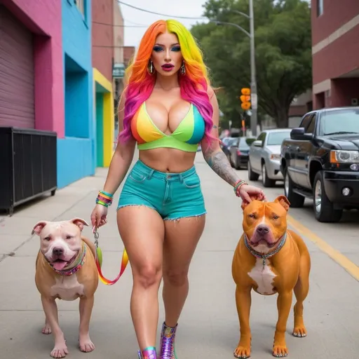 Prompt: Blonde neon rainbow hair revealing extra large cleavage full lips shiney loud makeup matching shoes and walking with her pitbull