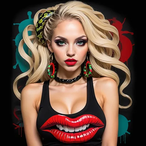 Prompt: Graffiti medusa microbraided blonde long multicolored snake hair revealing large cleavage red lipstick bold makeup conroured tank top charachter with a flat black backround - sedusa adornment