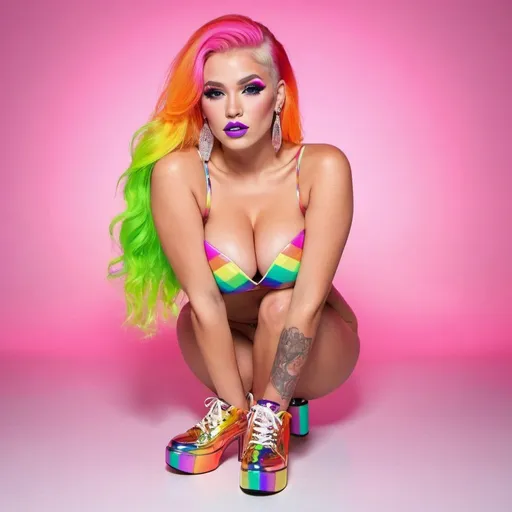Prompt: Blonde neon rainbow hair revealing extra large cleavage full lips shiney loud makeup matching shoes