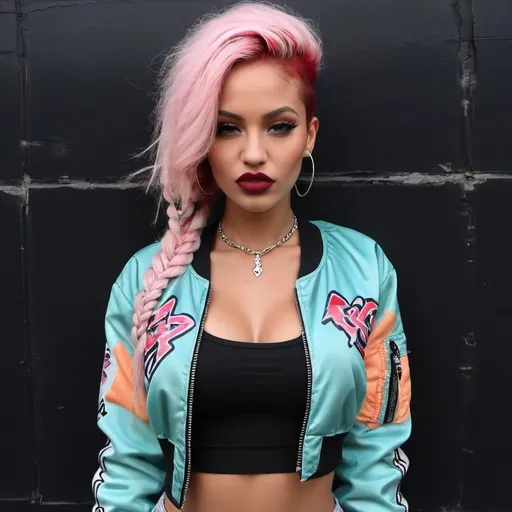 Prompt: Red full lips pastel multicolored microbraided hair revealing cleavage wearing a graffitti printed crop top  and sedusa bomber jacket i front of a black wall backround - sedusa adornment