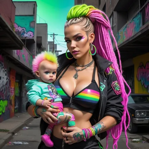 Prompt: Graffiti cyberpunk characture full body with green eyes blonde microbraided rainbow updo revelealing extra large cleavage wearing a matching 2 piece outfit with rainbow grafitti neon pink and black neon rainbow holding a baby gorilla 