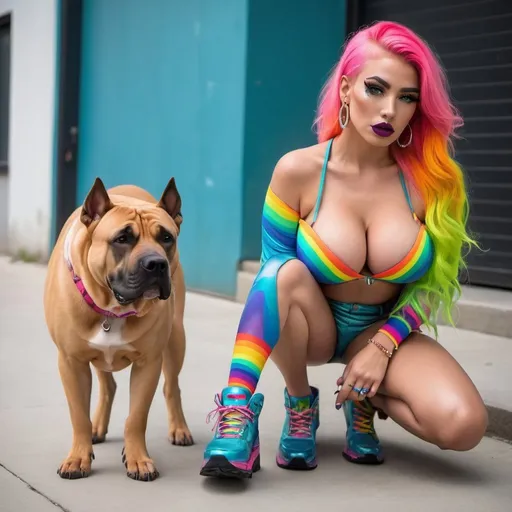 Prompt: Blonde neon rainbow hair revealing extra large cleavage full lips shiney loud makeup matching shoes and walking her presa canario dog