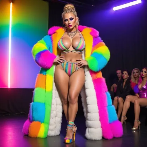 Prompt: Blonde neon rainbow microbraided hair revealing extra large cleavage full lips shiney loud makeup matching shoes fur coat onstage exotic dancer 