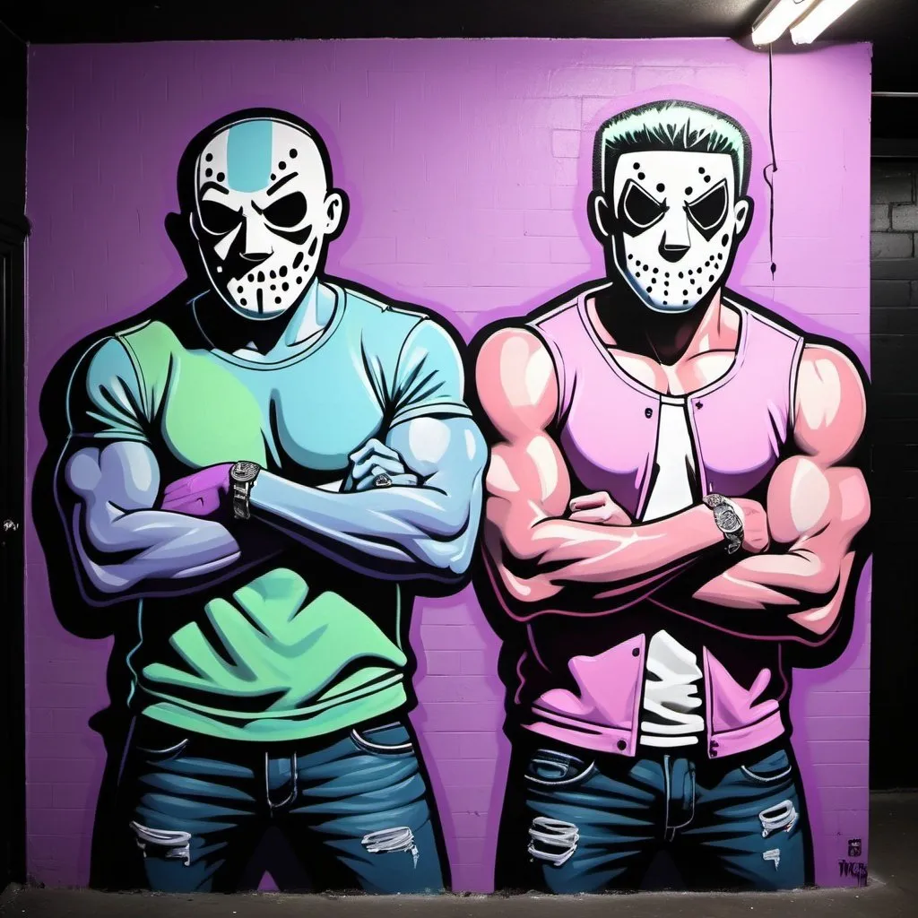 Prompt: Pastel purple white and pastel green pastel pink pastel blue pastel graffiti art  on a black wall backround freddy crugar and jason muscular gangsters pastel colored 